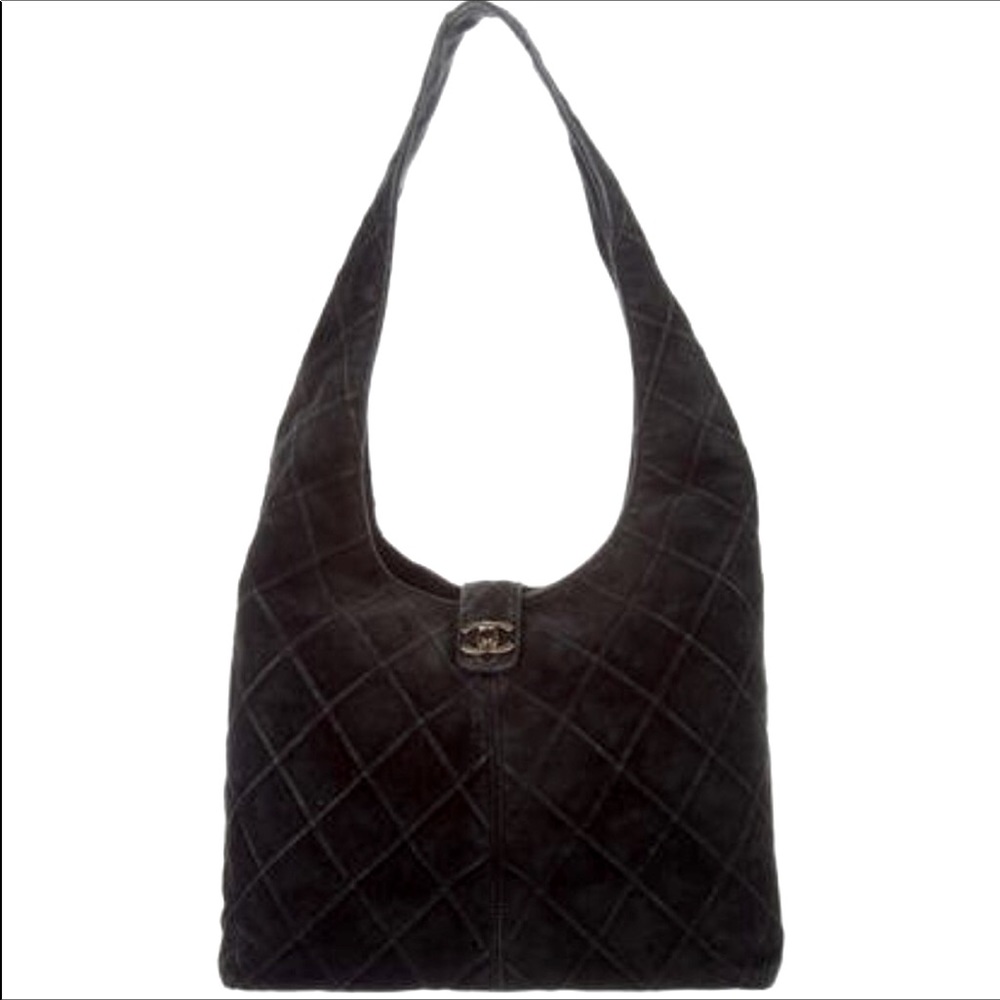 Chanel black suede hobo hand bag / purse with pewter hardware.